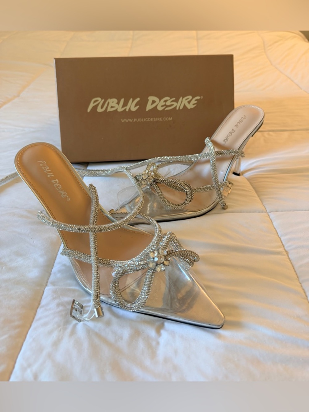Public Desire Midnight Clear Wide Fit Wrap Around Diamanté Bow Pointed Tow Heels